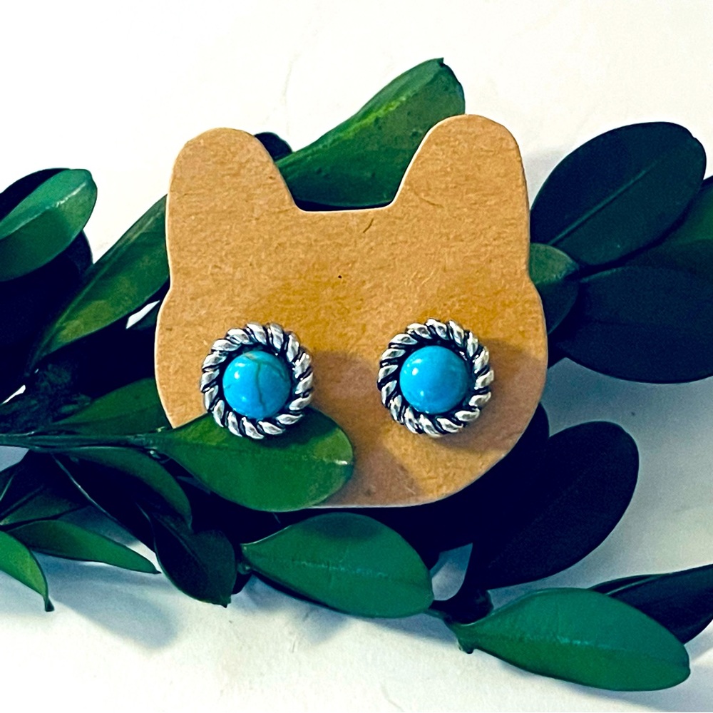 New Natural Polished Turquoise S925 Sterling Silver Handmade Boho Stud Earrings - Picture 2 of 8